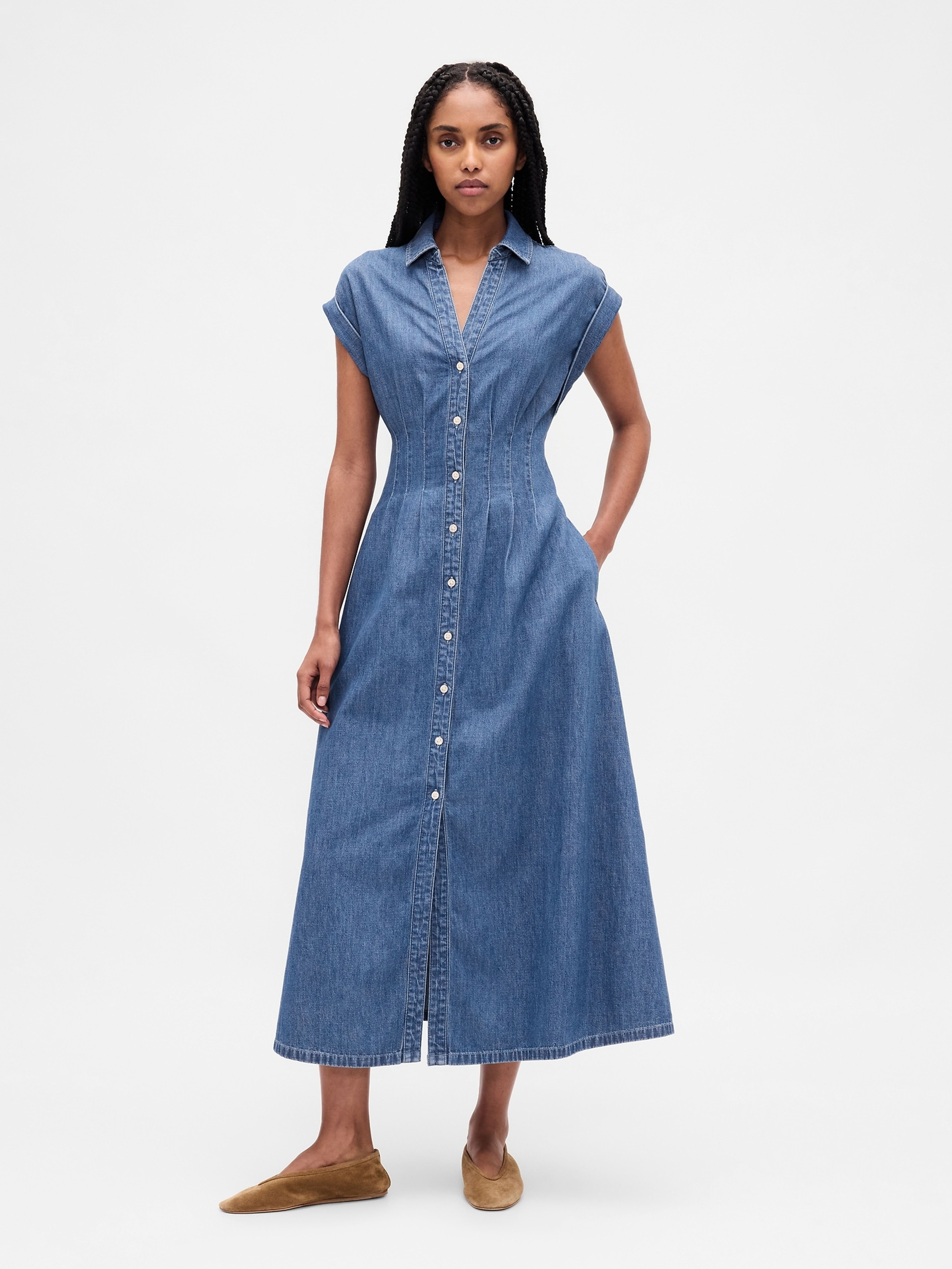 Damen-Jeans-Midikleid mit Taschen
