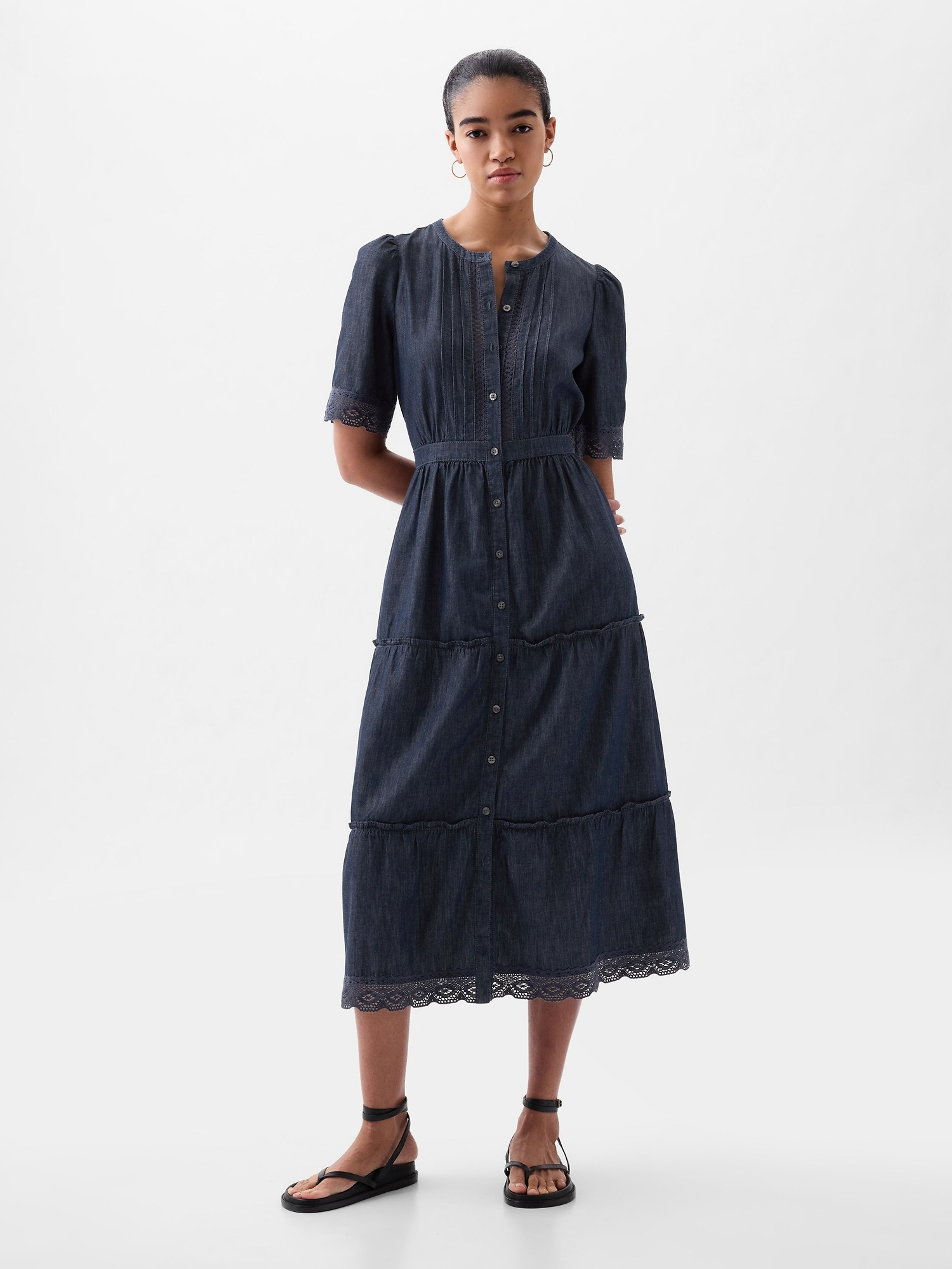 Midikleid aus Denim mit Spitze