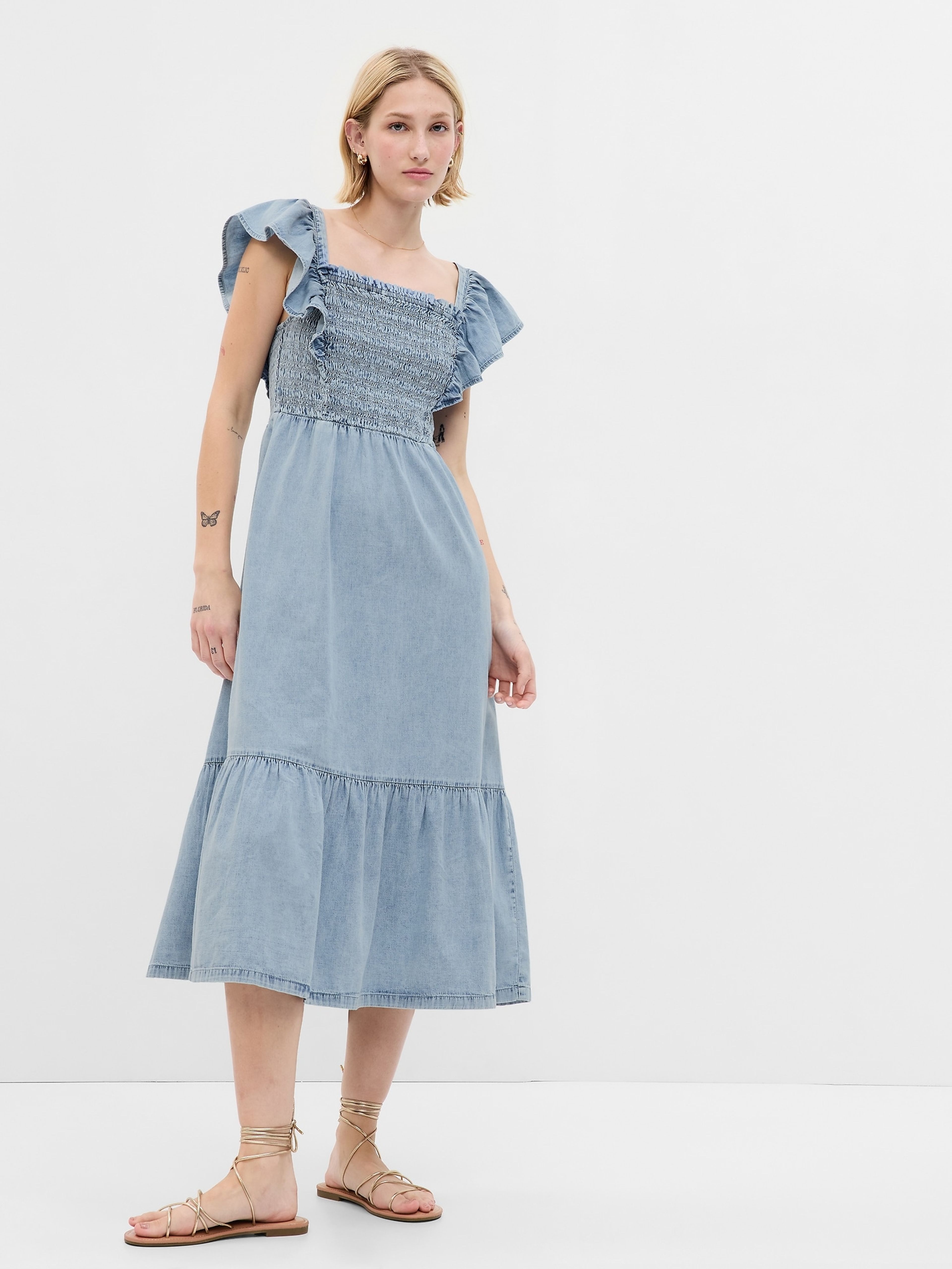 Midikleid aus Denim mit Rüschen