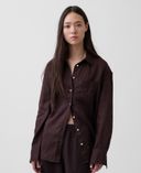 Lniana koszula oversize-Brązowy - 004